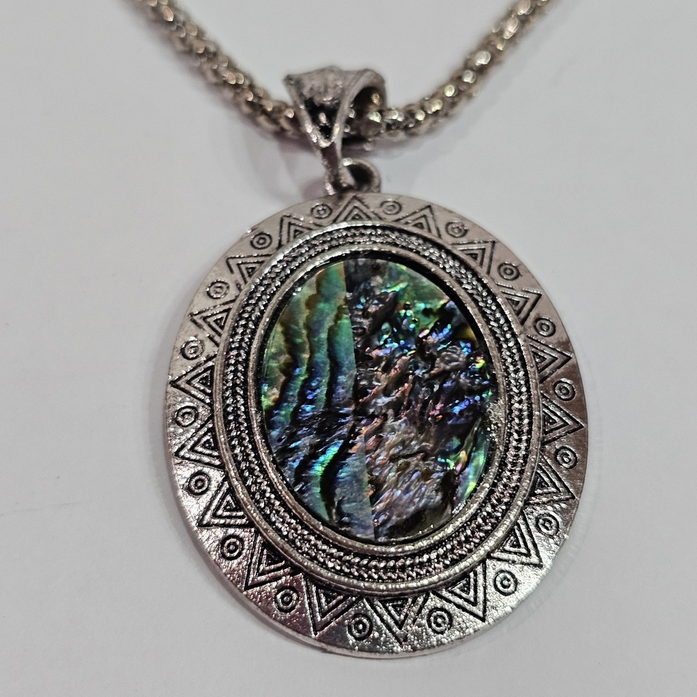 Abalone Silver Tone Necklace Set 23" Necklace Matching Fish Hook Earrings New